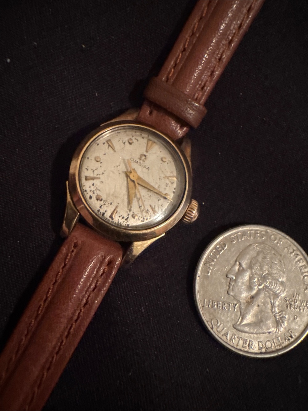 Omega Ladies Gold Tone Watch with Brown Strap